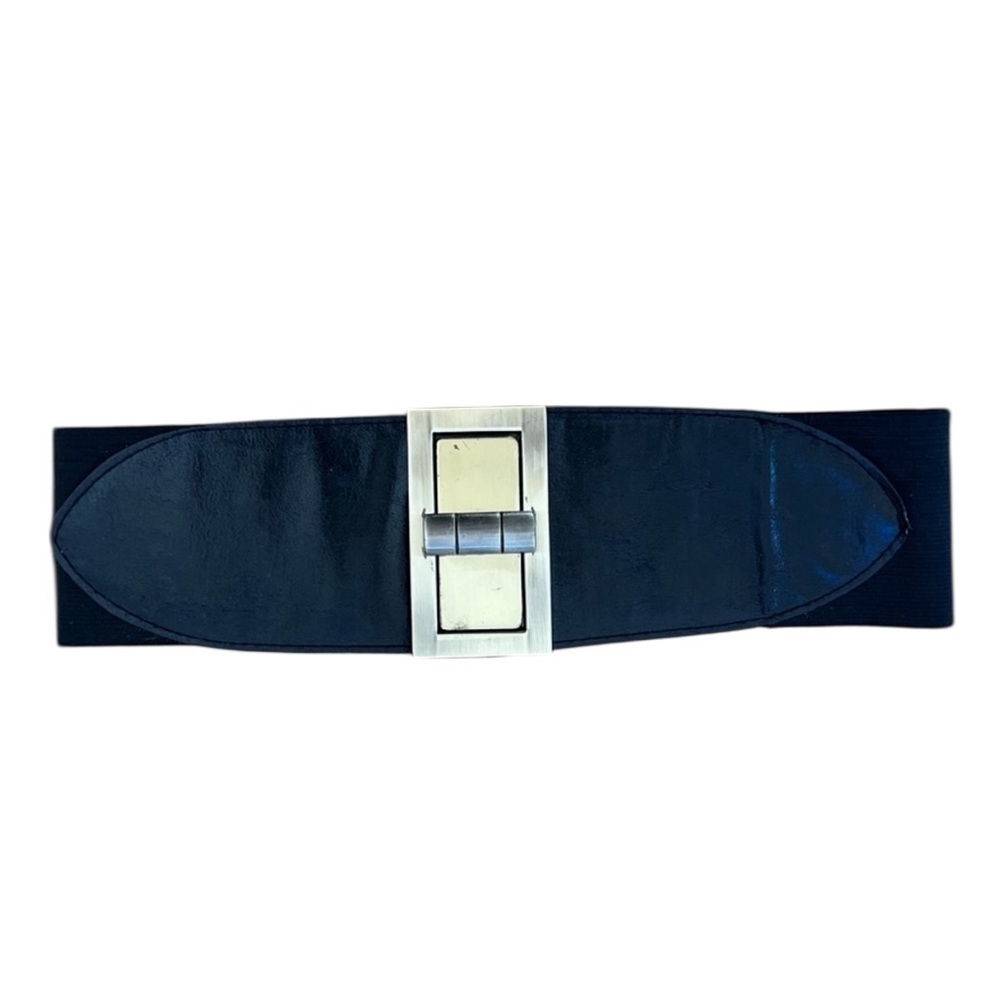 Black Wide Elastic and Faux Leather Belt with Gold Tone Metal Lock Closure